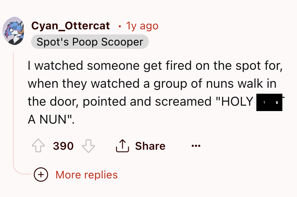 screenshot - Cyan_Ottercat 1y ago Spot's Poop Scooper I watched someone get fired on the spot for, when they watched a group of nuns walk in the door, pointed and screamed "Holy A Nun". 1 I 390 More replies